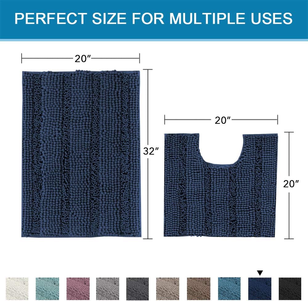 Sage Bathroom Rugs, Bath Mat Set of 2 Extra Thick Chenille Striped Pattern Shaggy Bath Rugs for Bath Room, Non Skid Bath Mats for Bathroom Floor (32 x 20 Plus 24 x 17 - Inches) - Colors A