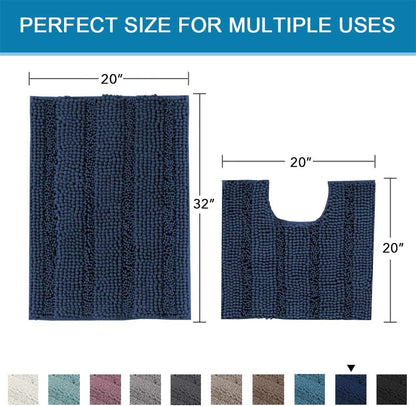 Sage Bathroom Rugs, Bath Mat Set of 2 Extra Thick Chenille Striped Pattern Shaggy Bath Rugs for Bath Room, Non Skid Bath Mats for Bathroom Floor (32 x 20 Plus 24 x 17 - Inches) - Colors A