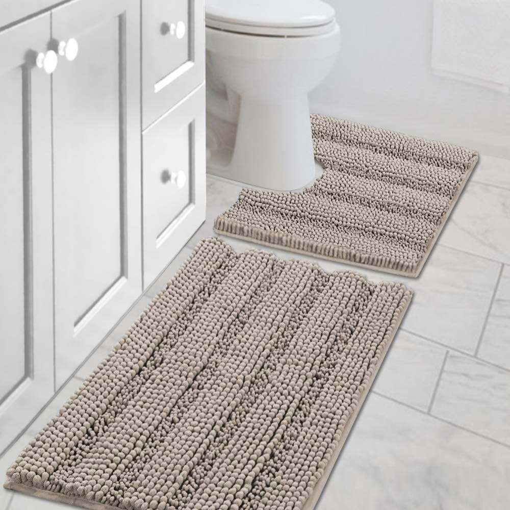 Sage Bathroom Rugs, Bath Mat Set of 2 Extra Thick Chenille Striped Pattern Shaggy Bath Rugs for Bath Room, Non Skid Bath Mats for Bathroom Floor (32 x 20 Plus 24 x 17 - Inches) - Colors A