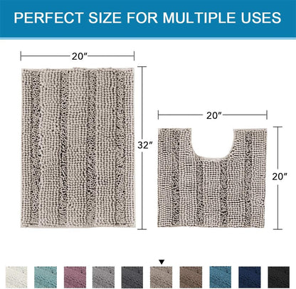 Sage Bathroom Rugs, Bath Mat Set of 2 Extra Thick Chenille Striped Pattern Shaggy Bath Rugs for Bath Room, Non Skid Bath Mats for Bathroom Floor (32 x 20 Plus 24 x 17 - Inches) - Colors A