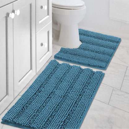 Sage Bathroom Rugs, Bath Mat Set of 2 Extra Thick Chenille Striped Pattern Shaggy Bath Rugs for Bath Room, Non Skid Bath Mats for Bathroom Floor (32 x 20 Plus 24 x 17 - Inches) - Colors A