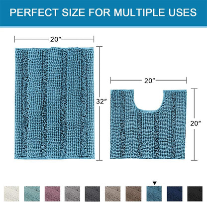 Sage Bathroom Rugs, Bath Mat Set of 2 Extra Thick Chenille Striped Pattern Shaggy Bath Rugs for Bath Room, Non Skid Bath Mats for Bathroom Floor (32 x 20 Plus 24 x 17 - Inches) - Colors A