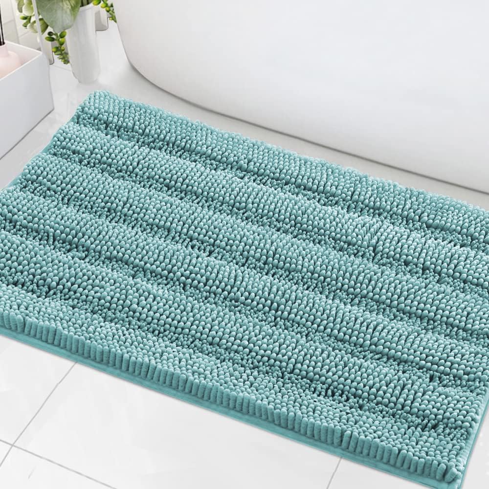 Sage Bathroom Rugs, Bath Mat Set of 2 Extra Thick Chenille Striped Pattern Shaggy Bath Rugs for Bath Room, Non Skid Bath Mats for Bathroom Floor (32 x 20 Plus 24 x 17 - Inches) - Colors A