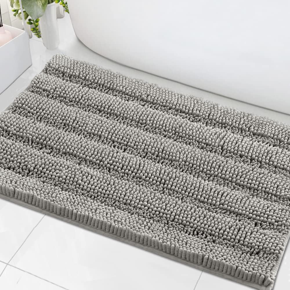 Sage Bathroom Rugs, Bath Mat Set of 2 Extra Thick Chenille Striped Pattern Shaggy Bath Rugs for Bath Room, Non Skid Bath Mats for Bathroom Floor (32 x 20 Plus 24 x 17 - Inches) - Colors A
