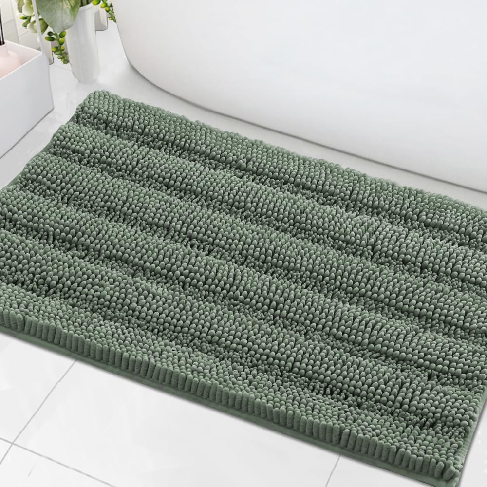 Sage Bathroom Rugs, Bath Mat Set of 2 Extra Thick Chenille Striped Pattern Shaggy Bath Rugs for Bath Room, Non Skid Bath Mats for Bathroom Floor (32 x 20 Plus 24 x 17 - Inches) - Colors A