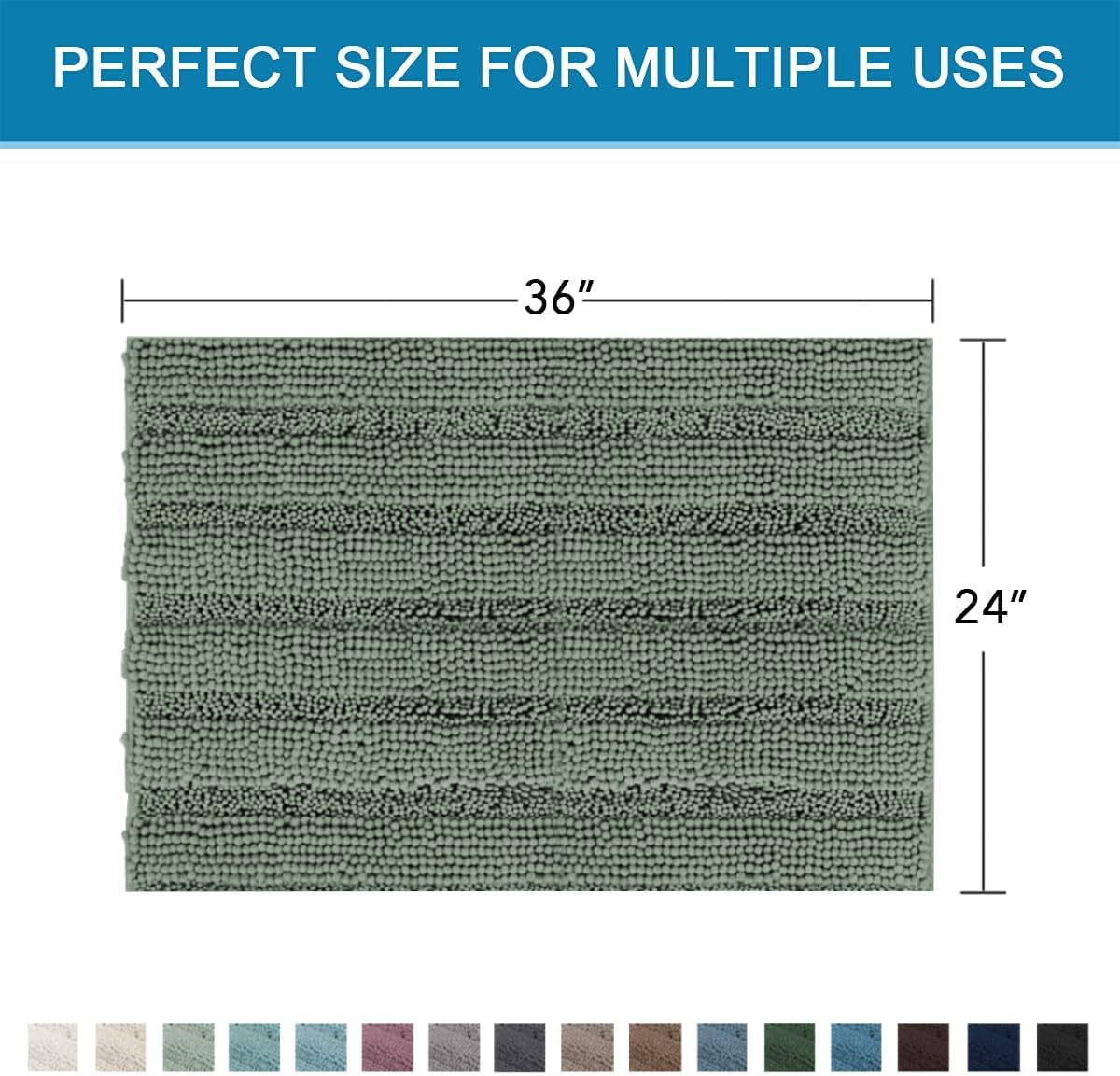 Sage Bathroom Rugs, Bath Mat Set of 2 Extra Thick Chenille Striped Pattern Shaggy Bath Rugs for Bath Room, Non Skid Bath Mats for Bathroom Floor (32 x 20 Plus 24 x 17 - Inches) - Colors A
