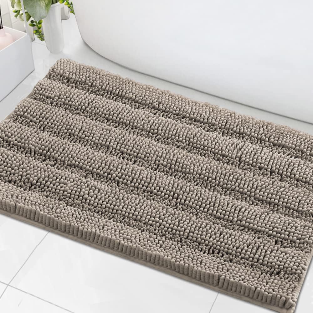 Sage Bathroom Rugs, Bath Mat Set of 2 Extra Thick Chenille Striped Pattern Shaggy Bath Rugs for Bath Room, Non Skid Bath Mats for Bathroom Floor (32 x 20 Plus 24 x 17 - Inches) - Colors A