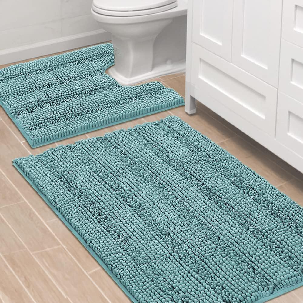 Sage Bathroom Rugs, Bath Mat Set of 2 Extra Thick Chenille Striped Pattern Shaggy Bath Rugs for Bath Room, Non Skid Bath Mats for Bathroom Floor (32 x 20 Plus 24 x 17 - Inches) - Colors A