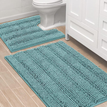 Sage Bathroom Rugs, Bath Mat Set of 2 Extra Thick Chenille Striped Pattern Shaggy Bath Rugs for Bath Room, Non Skid Bath Mats for Bathroom Floor (32 x 20 Plus 24 x 17 - Inches) - Colors A
