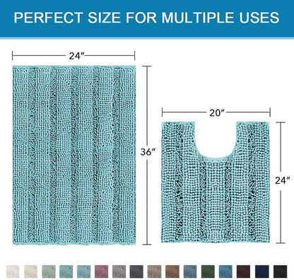 Sage Bathroom Rugs, Bath Mat Set of 2 Extra Thick Chenille Striped Pattern Shaggy Bath Rugs for Bath Room, Non Skid Bath Mats for Bathroom Floor (32 x 20 Plus 24 x 17 - Inches) - Colors A