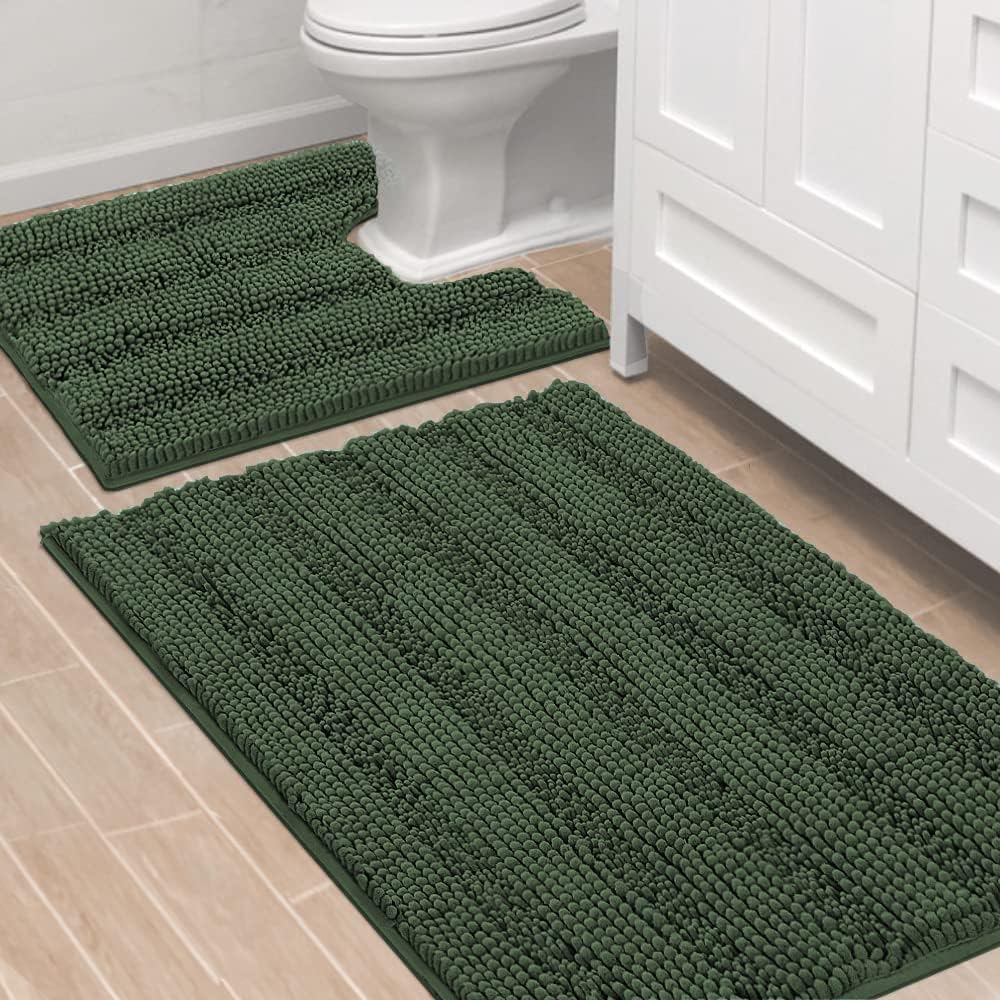 Sage Bathroom Rugs, Bath Mat Set of 2 Extra Thick Chenille Striped Pattern Shaggy Bath Rugs for Bath Room, Non Skid Bath Mats for Bathroom Floor (32 x 20 Plus 24 x 17 - Inches) - Colors A