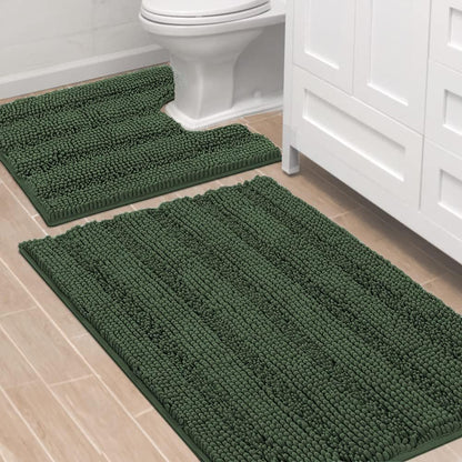 Sage Bathroom Rugs, Bath Mat Set of 2 Extra Thick Chenille Striped Pattern Shaggy Bath Rugs for Bath Room, Non Skid Bath Mats for Bathroom Floor (32 x 20 Plus 24 x 17 - Inches) - Colors A