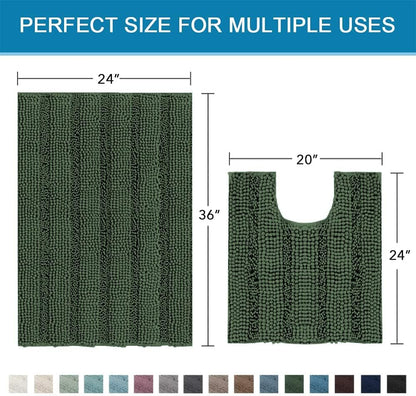 Sage Bathroom Rugs, Bath Mat Set of 2 Extra Thick Chenille Striped Pattern Shaggy Bath Rugs for Bath Room, Non Skid Bath Mats for Bathroom Floor (32 x 20 Plus 24 x 17 - Inches) - Colors A
