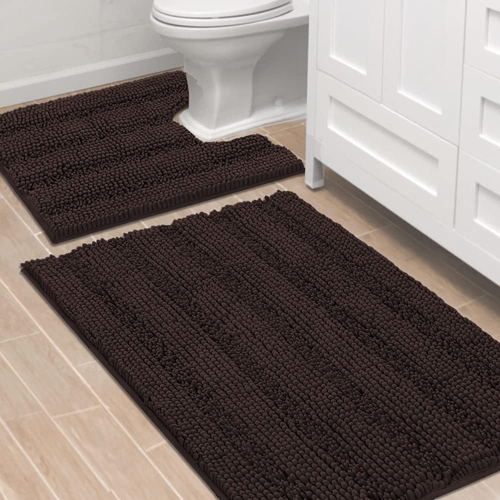 Sage Bathroom Rugs, Bath Mat Set of 2 Extra Thick Chenille Striped Pattern Shaggy Bath Rugs for Bath Room, Non Skid Bath Mats for Bathroom Floor (32 x 20 Plus 24 x 17 - Inches) - Colors A