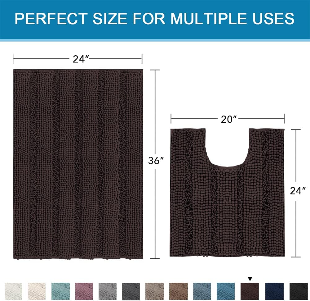 Sage Bathroom Rugs, Bath Mat Set of 2 Extra Thick Chenille Striped Pattern Shaggy Bath Rugs for Bath Room, Non Skid Bath Mats for Bathroom Floor (32 x 20 Plus 24 x 17 - Inches) - Colors A