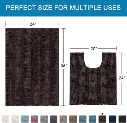 Sage Bathroom Rugs, Bath Mat Set of 2 Extra Thick Chenille Striped Pattern Shaggy Bath Rugs for Bath Room, Non Skid Bath Mats for Bathroom Floor (32 x 20 Plus 24 x 17 - Inches) - Colors A