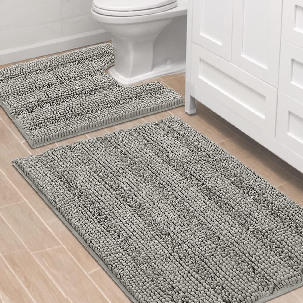 Sage Bathroom Rugs, Bath Mat Set of 2 Extra Thick Chenille Striped Pattern Shaggy Bath Rugs for Bath Room, Non Skid Bath Mats for Bathroom Floor (32 x 20 Plus 24 x 17 - Inches) - Colors A