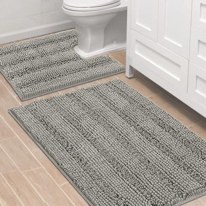 Sage Bathroom Rugs, Bath Mat Set of 2 Extra Thick Chenille Striped Pattern Shaggy Bath Rugs for Bath Room, Non Skid Bath Mats for Bathroom Floor (32 x 20 Plus 24 x 17 - Inches) - Colors A