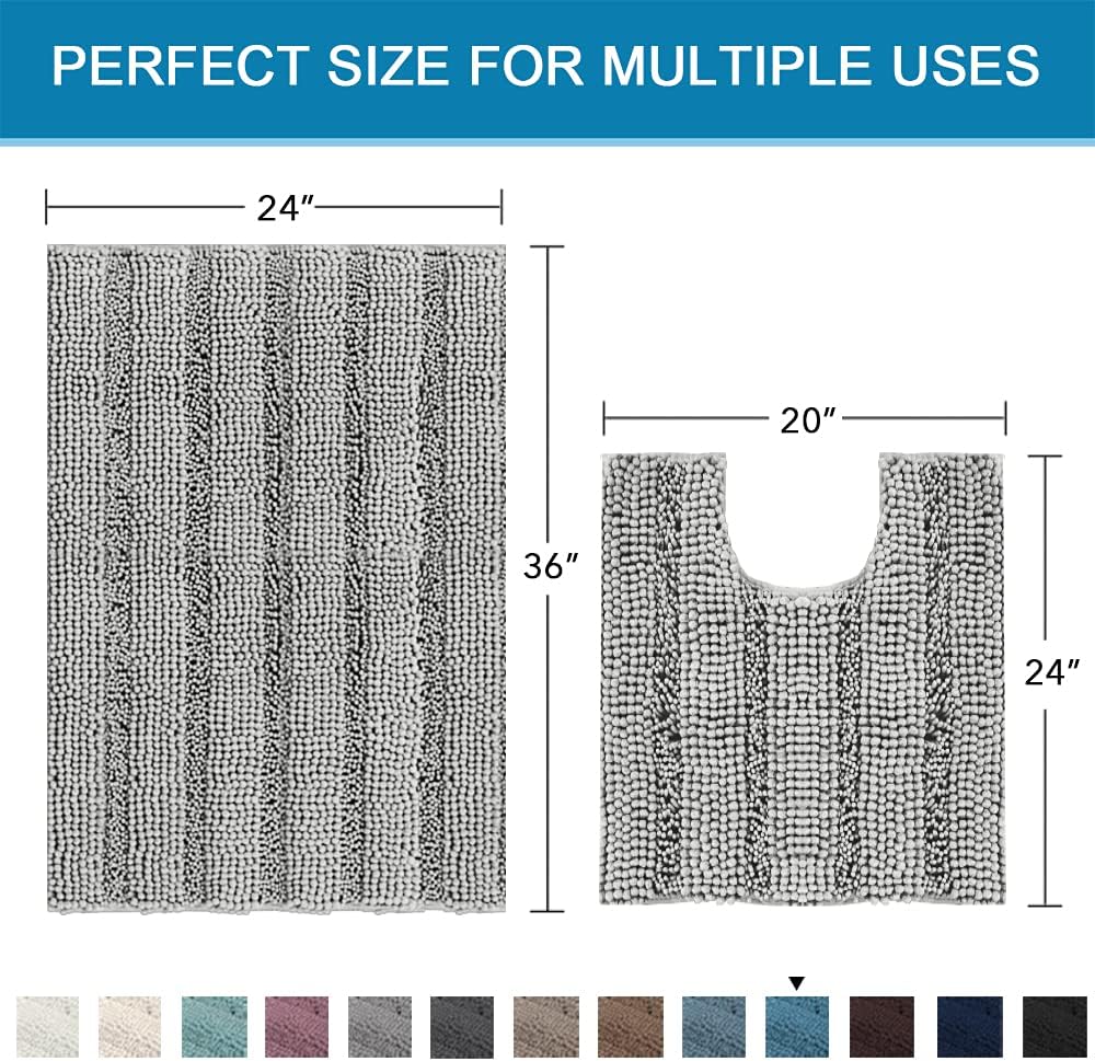 Sage Bathroom Rugs, Bath Mat Set of 2 Extra Thick Chenille Striped Pattern Shaggy Bath Rugs for Bath Room, Non Skid Bath Mats for Bathroom Floor (32 x 20 Plus 24 x 17 - Inches) - Colors A