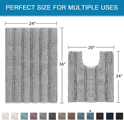 Sage Bathroom Rugs, Bath Mat Set of 2 Extra Thick Chenille Striped Pattern Shaggy Bath Rugs for Bath Room, Non Skid Bath Mats for Bathroom Floor (32 x 20 Plus 24 x 17 - Inches) - Colors A