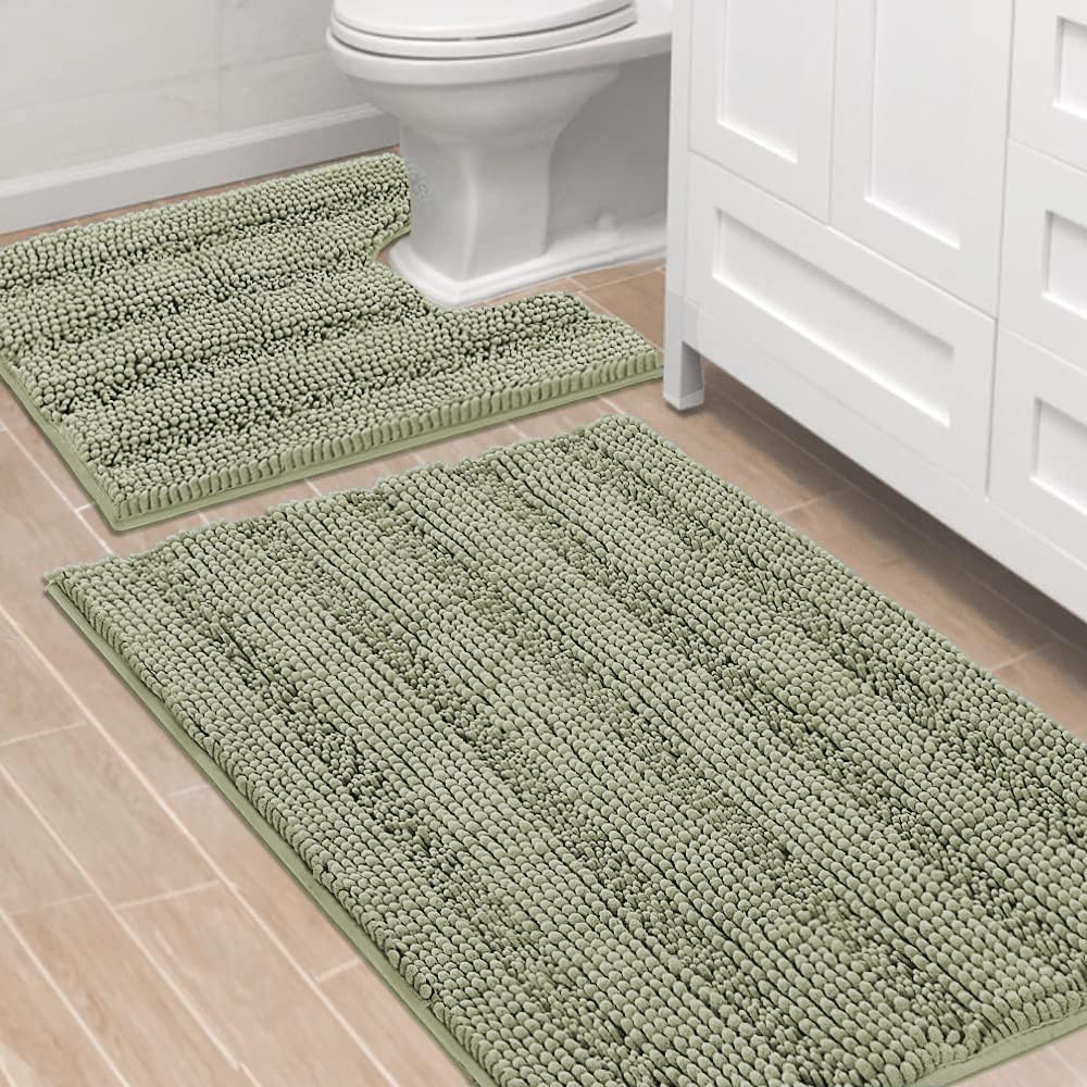 Sage Bathroom Rugs, Bath Mat Set of 2 Extra Thick Chenille Striped Pattern Shaggy Bath Rugs for Bath Room, Non Skid Bath Mats for Bathroom Floor (32 x 20 Plus 24 x 17 - Inches) - Colors A