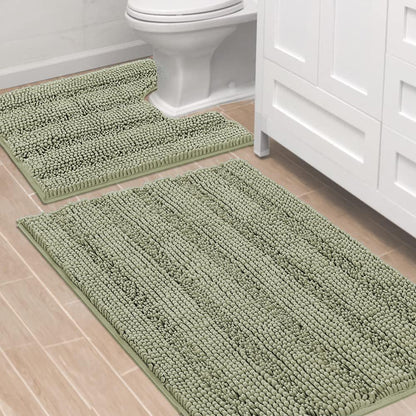 Sage Bathroom Rugs, Bath Mat Set of 2 Extra Thick Chenille Striped Pattern Shaggy Bath Rugs for Bath Room, Non Skid Bath Mats for Bathroom Floor (32 x 20 Plus 24 x 17 - Inches) - Colors A