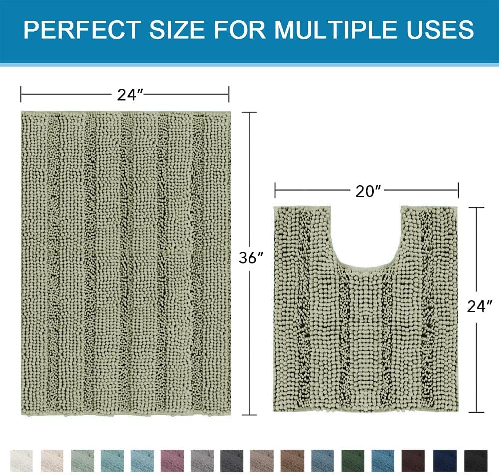 Sage Bathroom Rugs, Bath Mat Set of 2 Extra Thick Chenille Striped Pattern Shaggy Bath Rugs for Bath Room, Non Skid Bath Mats for Bathroom Floor (32 x 20 Plus 24 x 17 - Inches) - Colors A