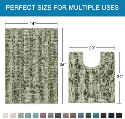 Sage Bathroom Rugs, Bath Mat Set of 2 Extra Thick Chenille Striped Pattern Shaggy Bath Rugs for Bath Room, Non Skid Bath Mats for Bathroom Floor (32 x 20 Plus 24 x 17 - Inches) - Colors A