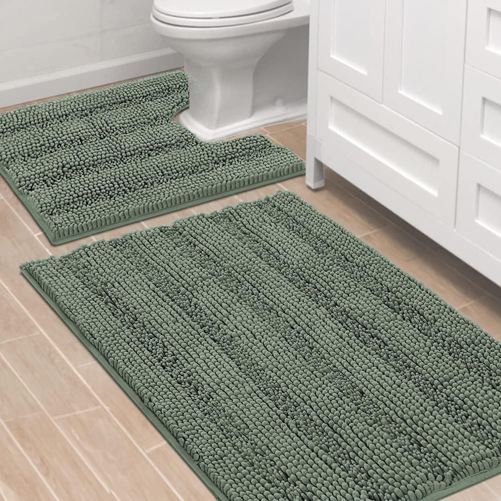 Sage Bathroom Rugs, Bath Mat Set of 2 Extra Thick Chenille Striped Pattern Shaggy Bath Rugs for Bath Room, Non Skid Bath Mats for Bathroom Floor (32 x 20 Plus 24 x 17 - Inches) - Colors A