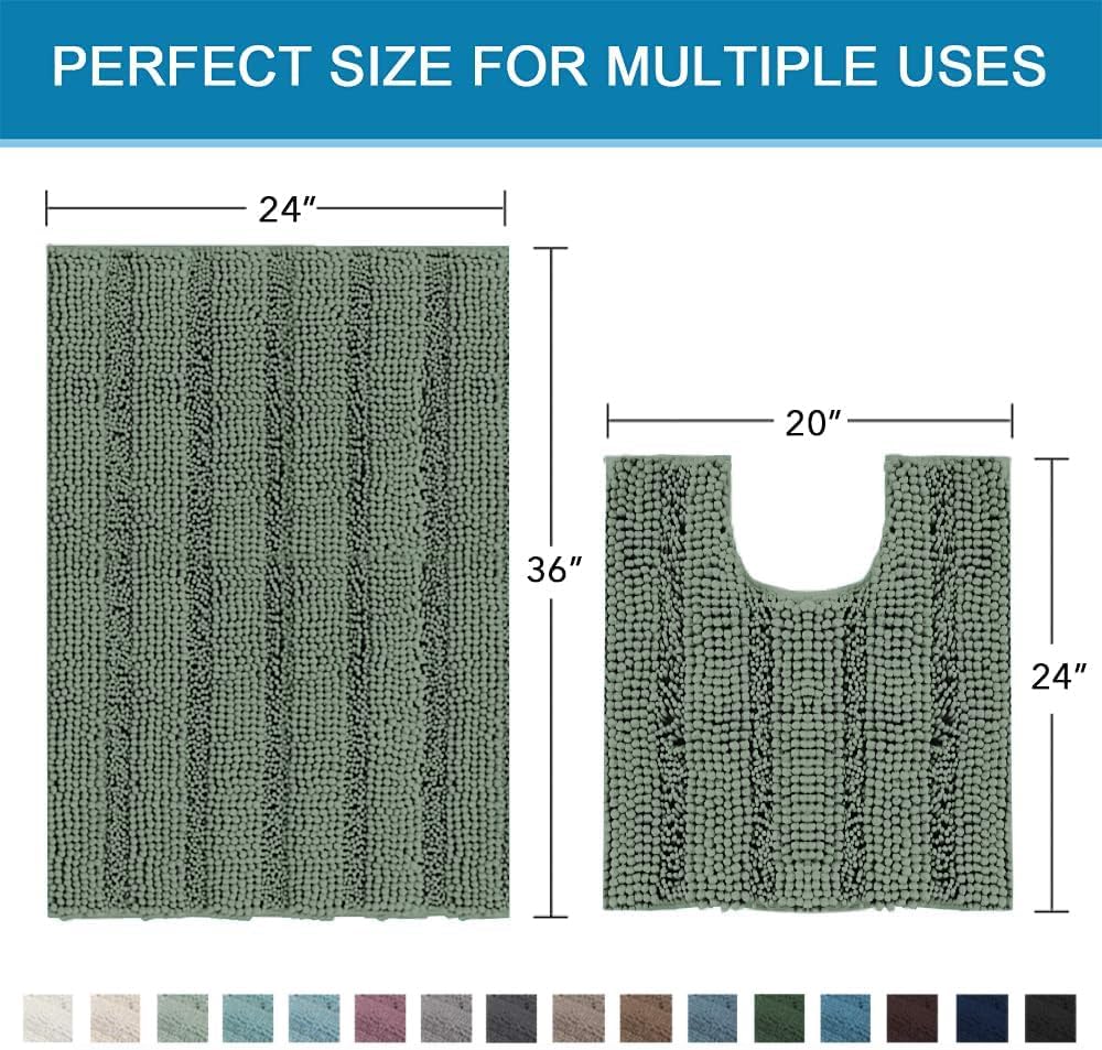 Sage Bathroom Rugs, Bath Mat Set of 2 Extra Thick Chenille Striped Pattern Shaggy Bath Rugs for Bath Room, Non Skid Bath Mats for Bathroom Floor (32 x 20 Plus 24 x 17 - Inches) - Colors A