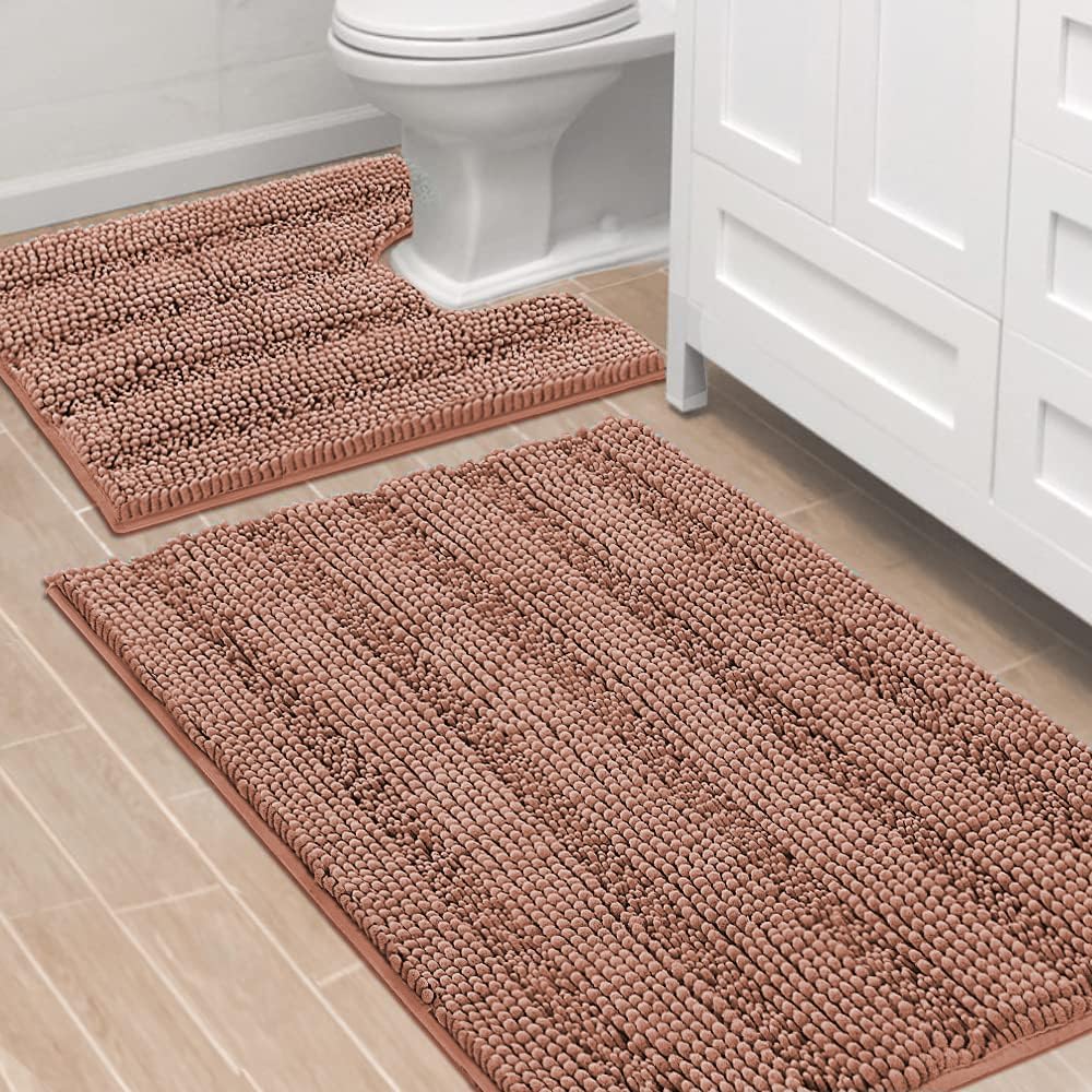 Sage Bathroom Rugs, Bath Mat Set of 2 Extra Thick Chenille Striped Pattern Shaggy Bath Rugs for Bath Room, Non Skid Bath Mats for Bathroom Floor (32 x 20 Plus 24 x 17 - Inches) - Colors A