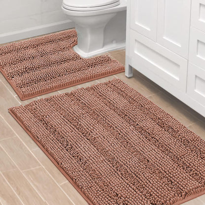 Sage Bathroom Rugs, Bath Mat Set of 2 Extra Thick Chenille Striped Pattern Shaggy Bath Rugs for Bath Room, Non Skid Bath Mats for Bathroom Floor (32 x 20 Plus 24 x 17 - Inches) - Colors A