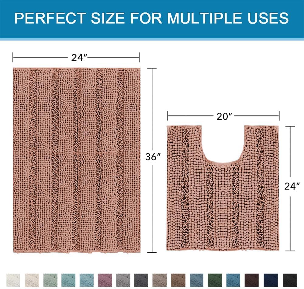 Sage Bathroom Rugs, Bath Mat Set of 2 Extra Thick Chenille Striped Pattern Shaggy Bath Rugs for Bath Room, Non Skid Bath Mats for Bathroom Floor (32 x 20 Plus 24 x 17 - Inches) - Colors A