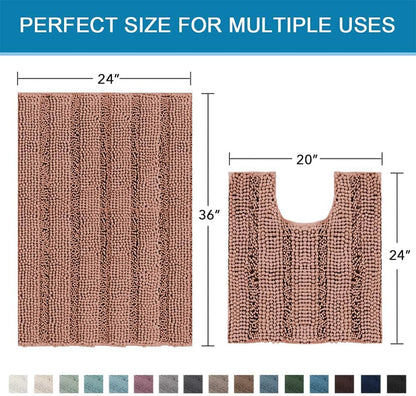 Sage Bathroom Rugs, Bath Mat Set of 2 Extra Thick Chenille Striped Pattern Shaggy Bath Rugs for Bath Room, Non Skid Bath Mats for Bathroom Floor (32 x 20 Plus 24 x 17 - Inches) - Colors A