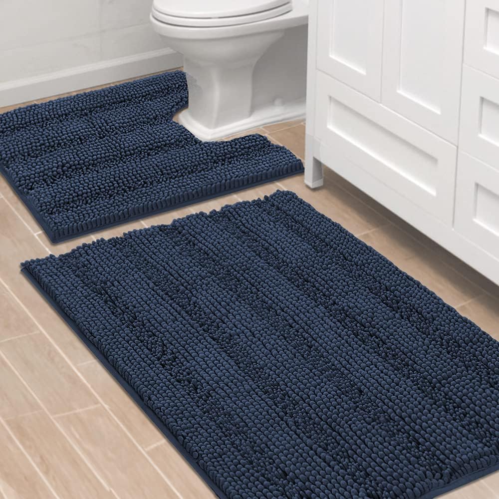 Sage Bathroom Rugs, Bath Mat Set of 2 Extra Thick Chenille Striped Pattern Shaggy Bath Rugs for Bath Room, Non Skid Bath Mats for Bathroom Floor (32 x 20 Plus 24 x 17 - Inches) - Colors A