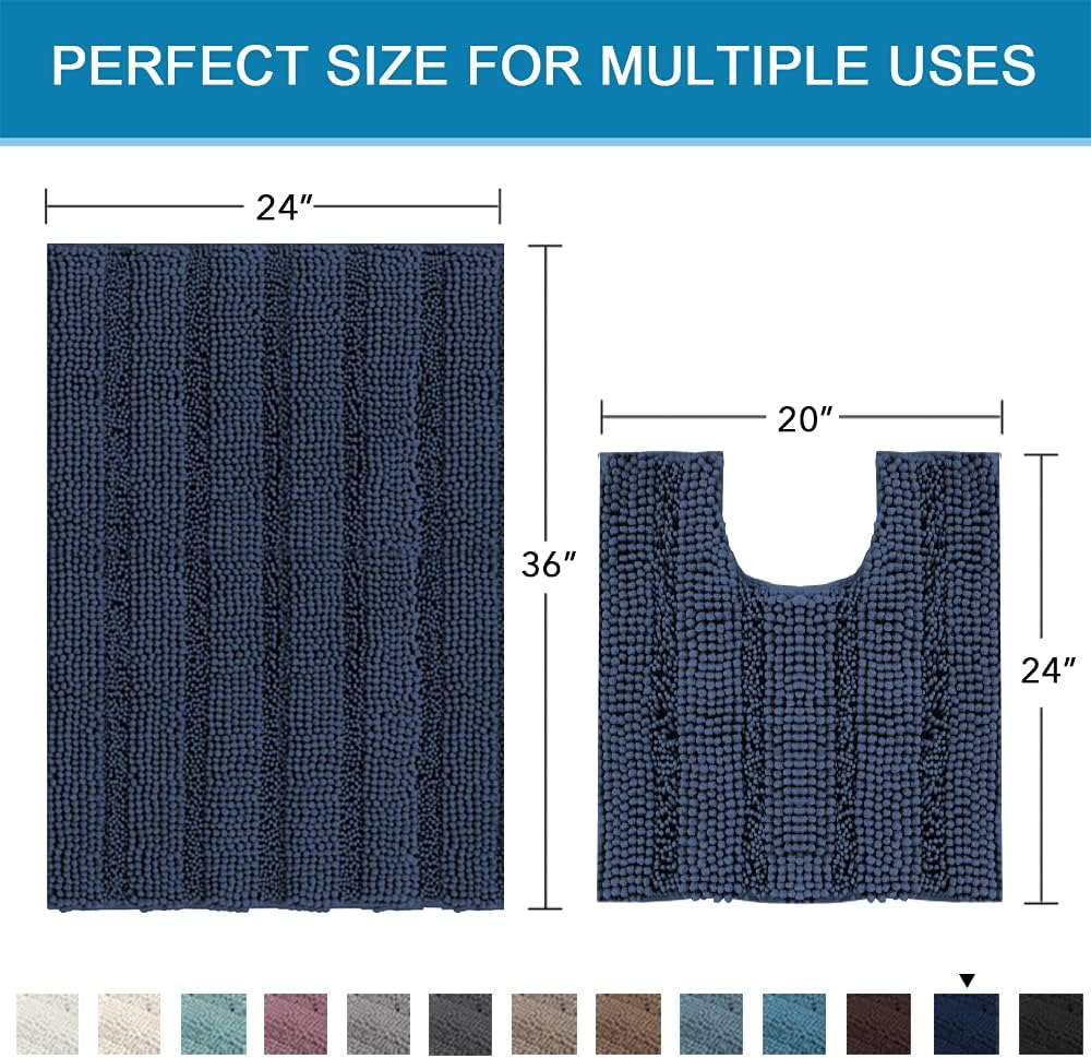 Sage Bathroom Rugs, Bath Mat Set of 2 Extra Thick Chenille Striped Pattern Shaggy Bath Rugs for Bath Room, Non Skid Bath Mats for Bathroom Floor (32 x 20 Plus 24 x 17 - Inches) - Colors A
