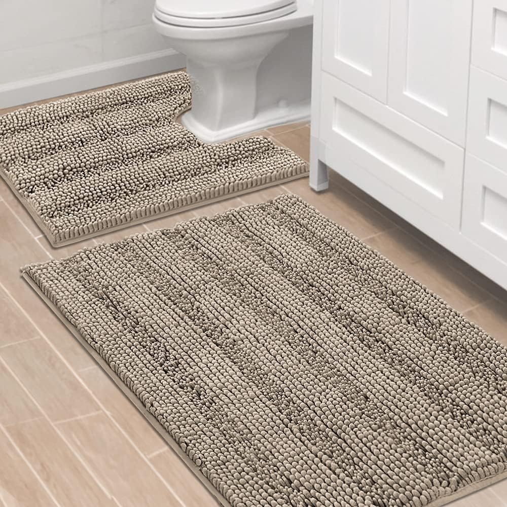 Sage Bathroom Rugs, Bath Mat Set of 2 Extra Thick Chenille Striped Pattern Shaggy Bath Rugs for Bath Room, Non Skid Bath Mats for Bathroom Floor (32 x 20 Plus 24 x 17 - Inches) - Colors A