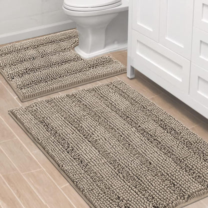 Sage Bathroom Rugs, Bath Mat Set of 2 Extra Thick Chenille Striped Pattern Shaggy Bath Rugs for Bath Room, Non Skid Bath Mats for Bathroom Floor (32 x 20 Plus 24 x 17 - Inches) - Colors A