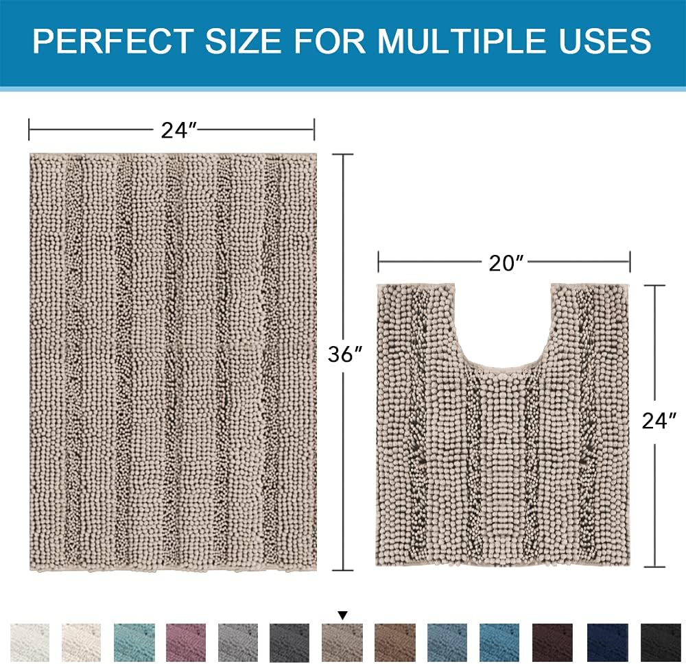Sage Bathroom Rugs, Bath Mat Set of 2 Extra Thick Chenille Striped Pattern Shaggy Bath Rugs for Bath Room, Non Skid Bath Mats for Bathroom Floor (32 x 20 Plus 24 x 17 - Inches) - Colors A