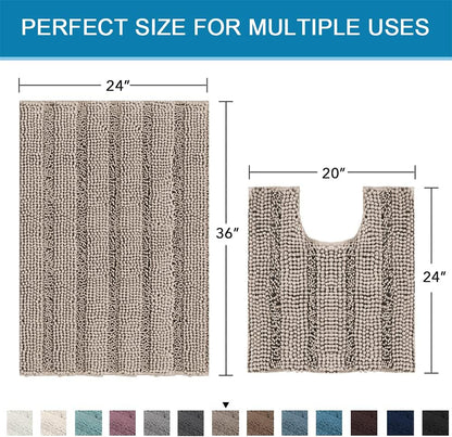Sage Bathroom Rugs, Bath Mat Set of 2 Extra Thick Chenille Striped Pattern Shaggy Bath Rugs for Bath Room, Non Skid Bath Mats for Bathroom Floor (32 x 20 Plus 24 x 17 - Inches) - Colors A