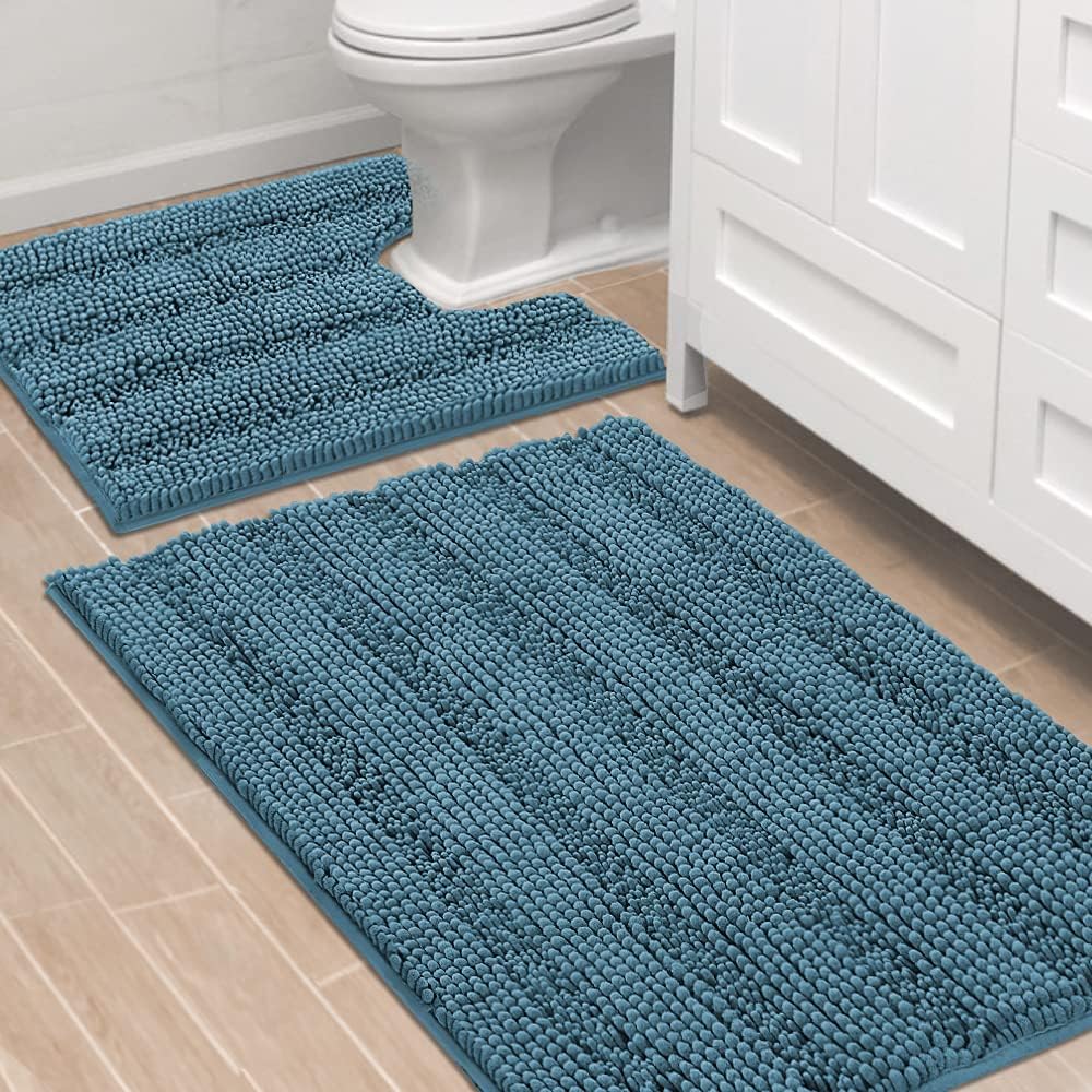 Sage Bathroom Rugs, Bath Mat Set of 2 Extra Thick Chenille Striped Pattern Shaggy Bath Rugs for Bath Room, Non Skid Bath Mats for Bathroom Floor (32 x 20 Plus 24 x 17 - Inches) - Colors A
