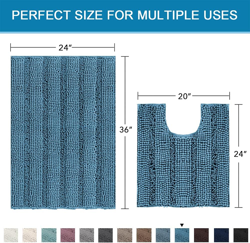 Sage Bathroom Rugs, Bath Mat Set of 2 Extra Thick Chenille Striped Pattern Shaggy Bath Rugs for Bath Room, Non Skid Bath Mats for Bathroom Floor (32 x 20 Plus 24 x 17 - Inches) - Colors A