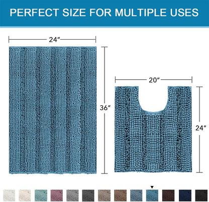 Sage Bathroom Rugs, Bath Mat Set of 2 Extra Thick Chenille Striped Pattern Shaggy Bath Rugs for Bath Room, Non Skid Bath Mats for Bathroom Floor (32 x 20 Plus 24 x 17 - Inches) - Colors A