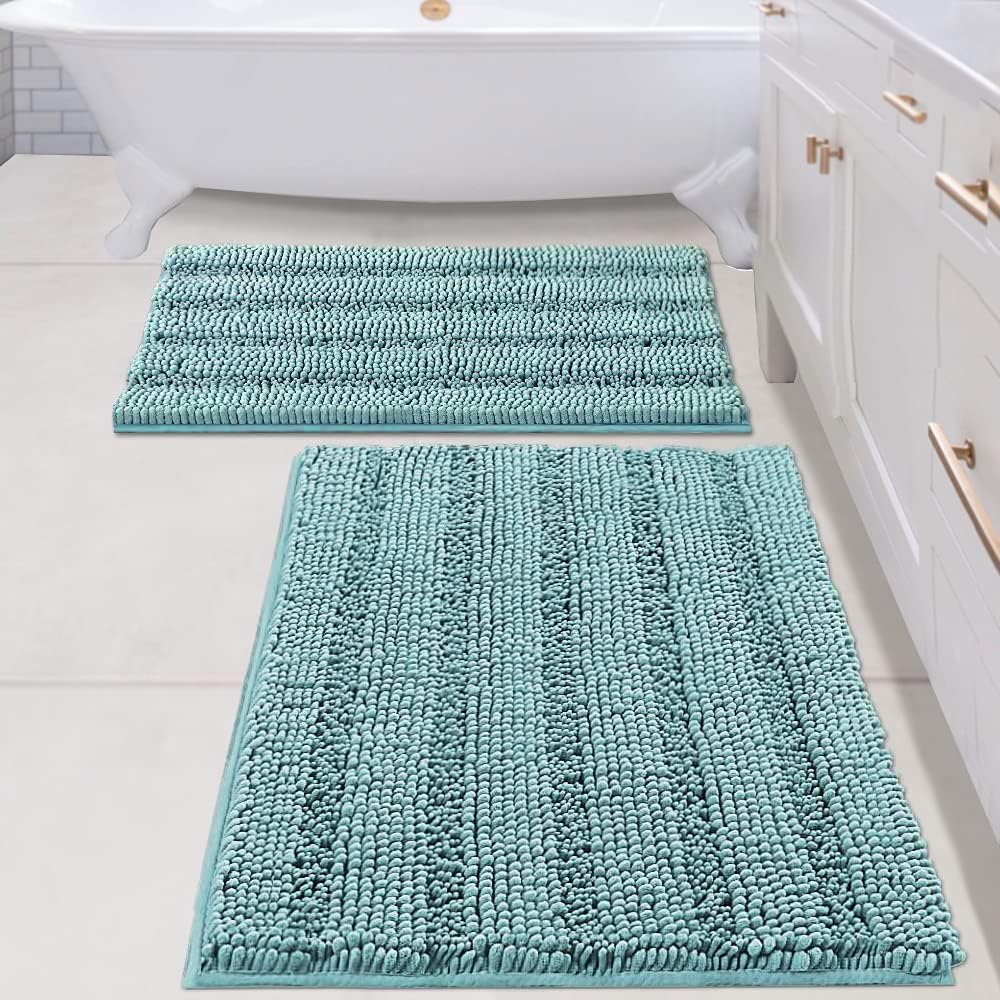 Sage Bathroom Rugs, Bath Mat Set of 2 Extra Thick Chenille Striped Pattern Shaggy Bath Rugs for Bath Room, Non Skid Bath Mats for Bathroom Floor (32 x 20 Plus 24 x 17 - Inches) - Colors A