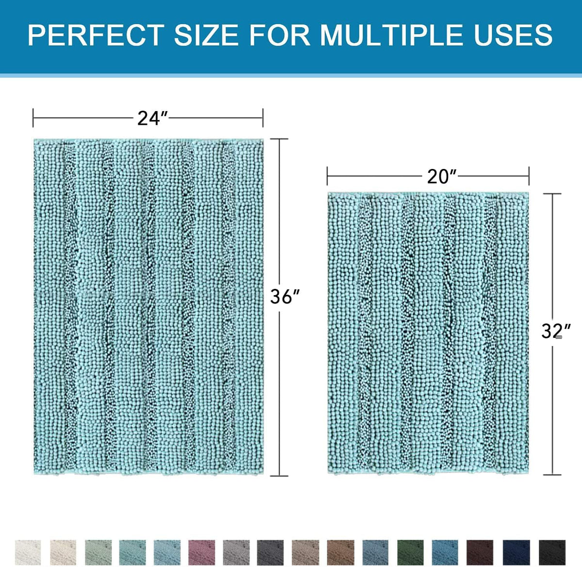 Sage Bathroom Rugs, Bath Mat Set of 2 Extra Thick Chenille Striped Pattern Shaggy Bath Rugs for Bath Room, Non Skid Bath Mats for Bathroom Floor (32 x 20 Plus 24 x 17 - Inches) - Colors A