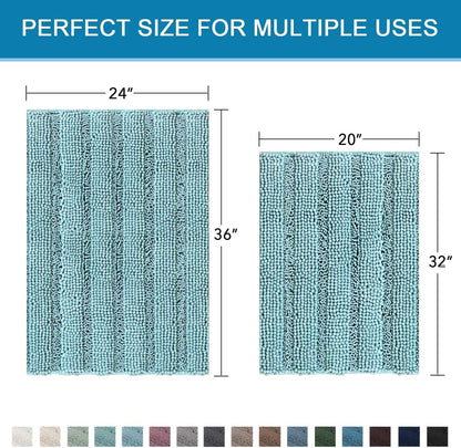 Sage Bathroom Rugs, Bath Mat Set of 2 Extra Thick Chenille Striped Pattern Shaggy Bath Rugs for Bath Room, Non Skid Bath Mats for Bathroom Floor (32 x 20 Plus 24 x 17 - Inches) - Colors A
