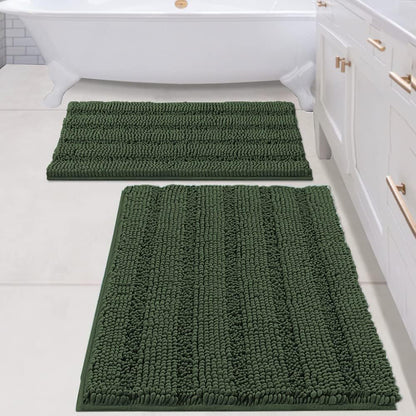 Sage Bathroom Rugs, Bath Mat Set of 2 Extra Thick Chenille Striped Pattern Shaggy Bath Rugs for Bath Room, Non Skid Bath Mats for Bathroom Floor (32 x 20 Plus 24 x 17 - Inches) - Colors A