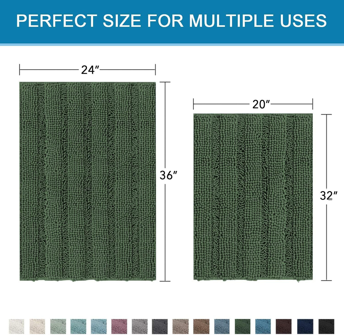 Sage Bathroom Rugs, Bath Mat Set of 2 Extra Thick Chenille Striped Pattern Shaggy Bath Rugs for Bath Room, Non Skid Bath Mats for Bathroom Floor (32 x 20 Plus 24 x 17 - Inches) - Colors A