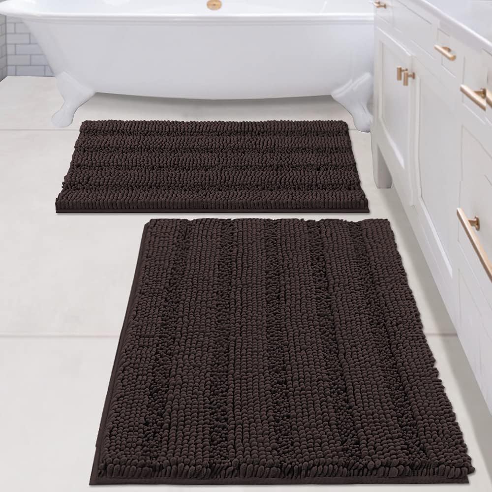 Sage Bathroom Rugs, Bath Mat Set of 2 Extra Thick Chenille Striped Pattern Shaggy Bath Rugs for Bath Room, Non Skid Bath Mats for Bathroom Floor (32 x 20 Plus 24 x 17 - Inches) - Colors A