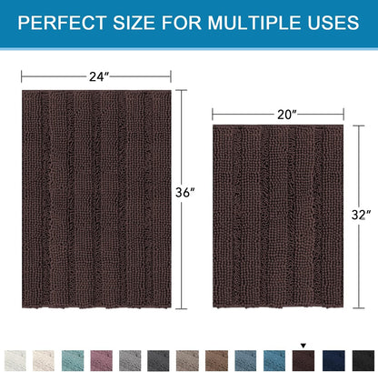 Sage Bathroom Rugs, Bath Mat Set of 2 Extra Thick Chenille Striped Pattern Shaggy Bath Rugs for Bath Room, Non Skid Bath Mats for Bathroom Floor (32 x 20 Plus 24 x 17 - Inches) - Colors A